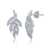 Sterling Silver Leaf Diamond Sanded CZ Stud Earrings